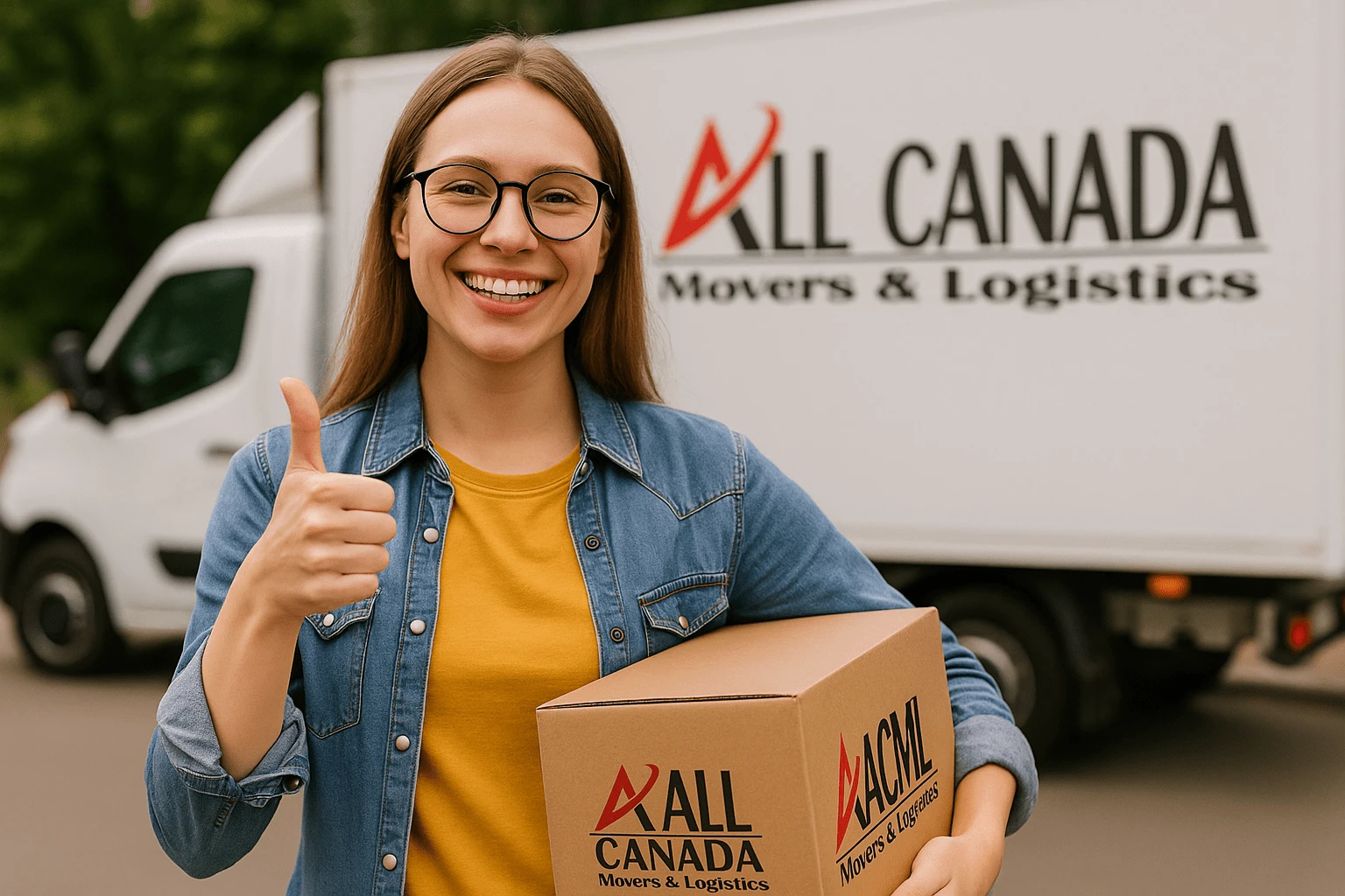 Happy customer with moving box and truck