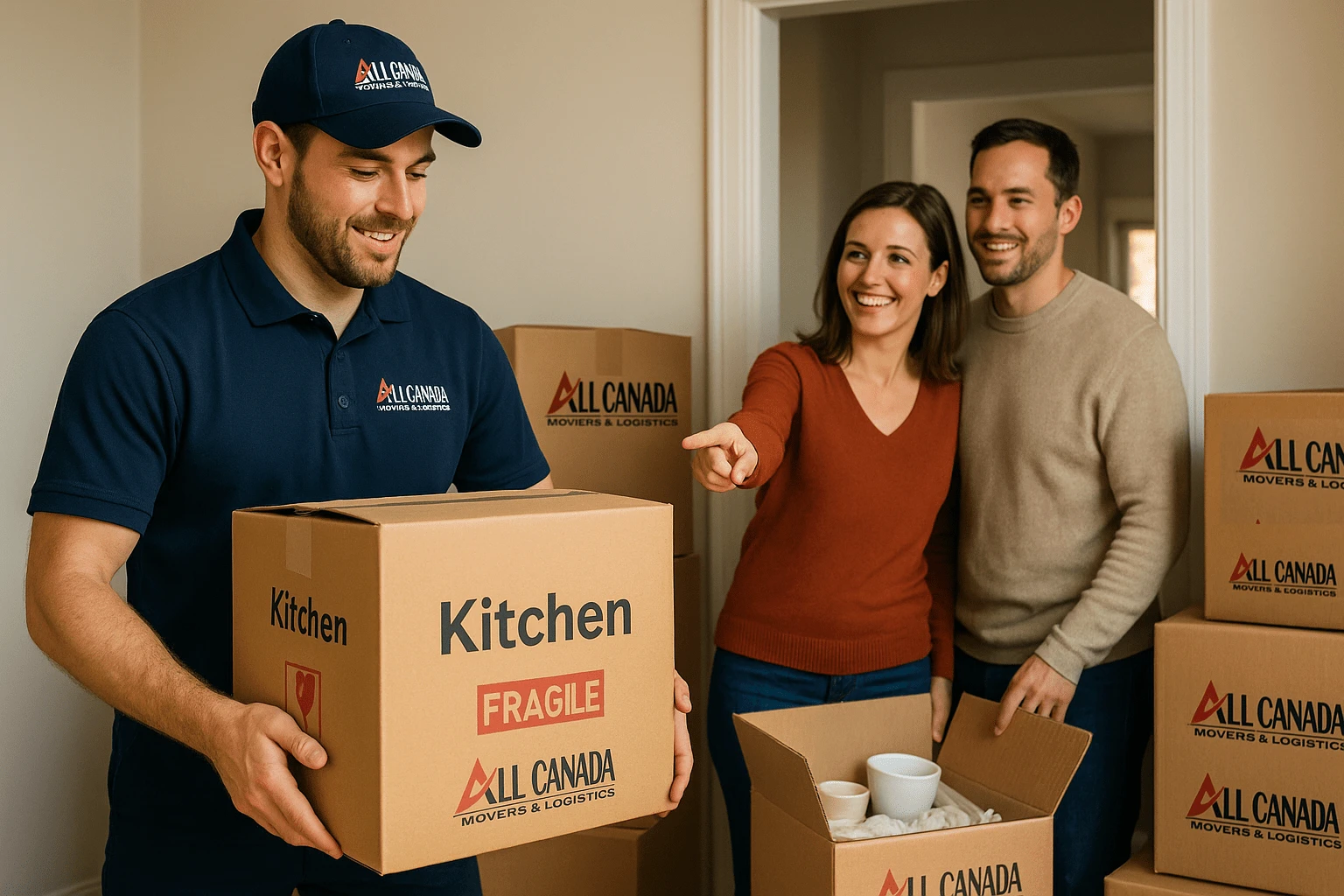 Movers packing living room and bedroom items into reinforced double-wall cartons